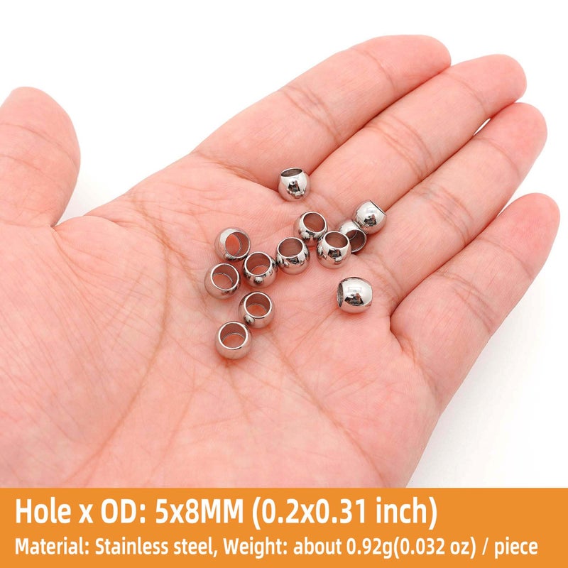THREENEST 100 PCS Stainless Steel Spacer Beads, Round Larger Hole Polished Metal European Beads Craft Finding for Bracelet Necklace Earring Jewelry Making [Hole 5mm x Dia. 8mm] 0104 - Image 2